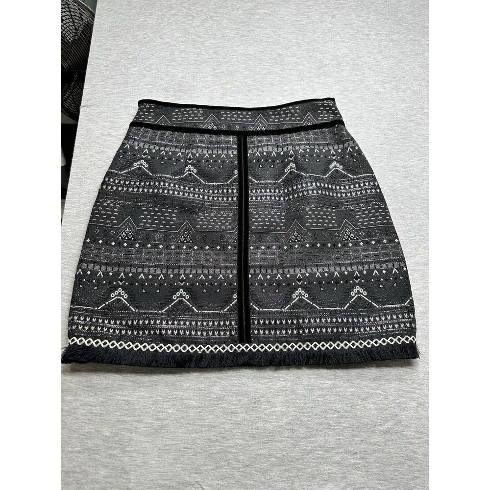 Esqualo Aztec Metallic Black Fringe Mini Skirt Size 6